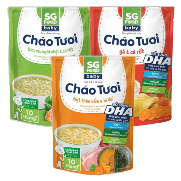 Combo 1 Cháo tươi Baby Tôm Rau Ngót Nhật Cà Rốt, 1 Cháo tươi Baby thịt thăn bằm bí đỏ, 1 Cháo tươi Baby gà cà rốt, SG Food, 7 tháng, 240g