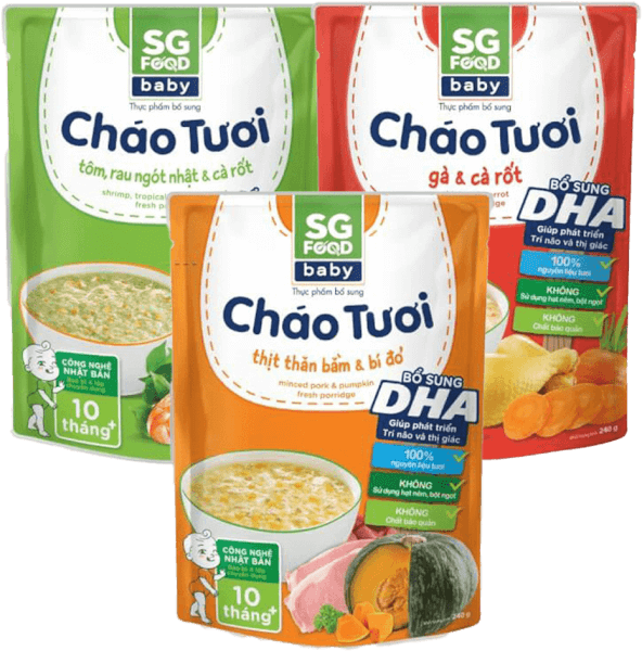 Combo 1 Cháo tươi Baby Tôm Rau Ngót Nhật Cà Rốt, 1 Cháo tươi Baby thịt thăn bằm bí đỏ, 1 Cháo tươi Baby gà cà rốt, SG Food, 7 tháng, 240g