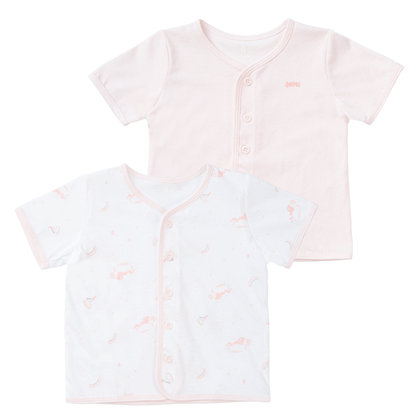 Cặp Áo SS cài giữa tay ngắn Animo KV223017 (3-6M,Trắng họa tiết_Hồng)