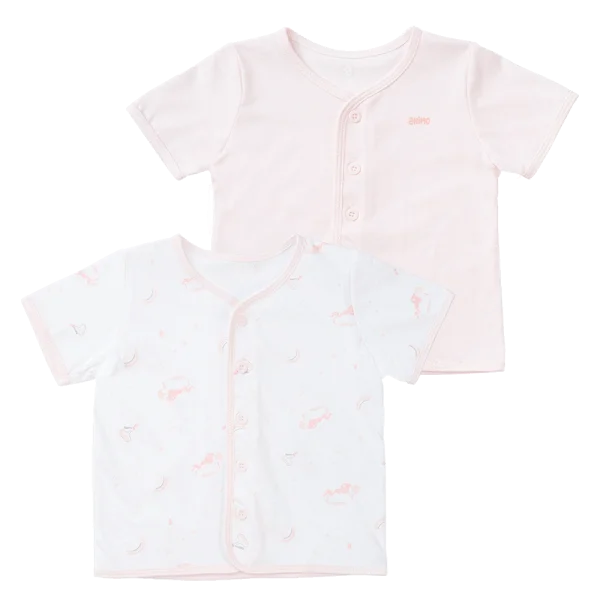 Cặp Áo SS cài giữa tay ngắn Animo KV223017 (0-3M,Trắng họa tiết_Hồng)