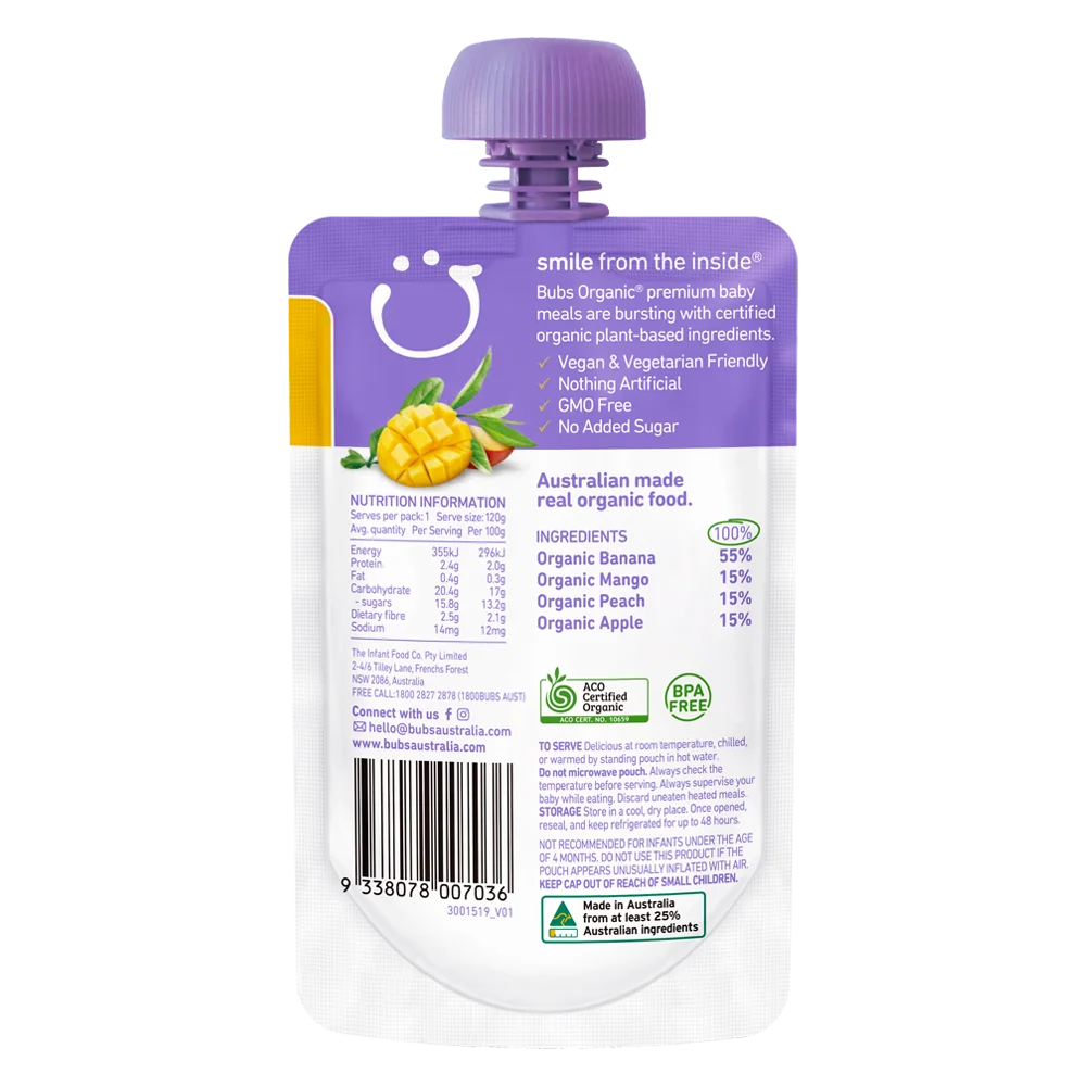 Trái Cây Nghiền Bubs Organic Xoài, Đào & Chuối