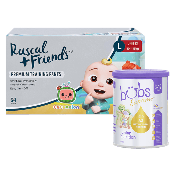 Combo 1 Thùng Tã quần Rascal Friend Cocomelon (L,10-15kg, 64 miếng) và 1 THỰC PHẨM BỔ SUNG BUBS SUPREME JUNIOR NUTRITION