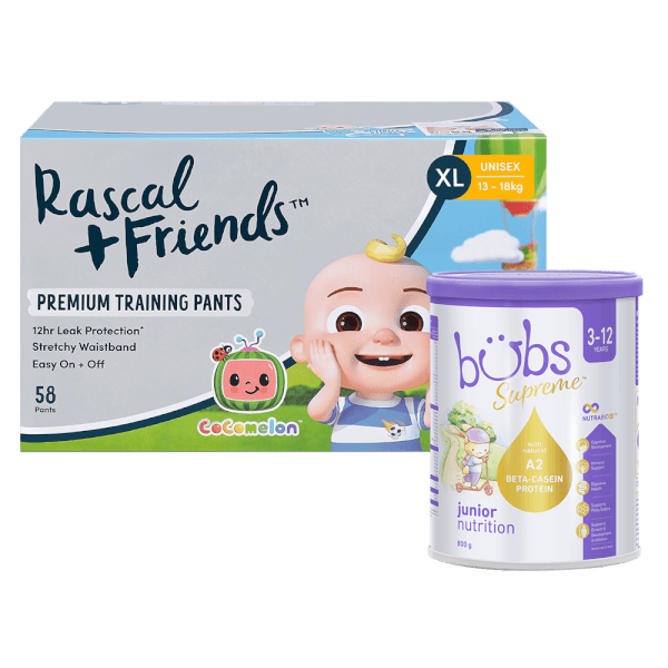 Combo 1 Thùng Tã quần Rascal Friend Cocomelon (XXL, 50 miếng) và 1 THỰC PHẨM BỔ SUNG BUBS SUPREME JUNIOR NUTRITION