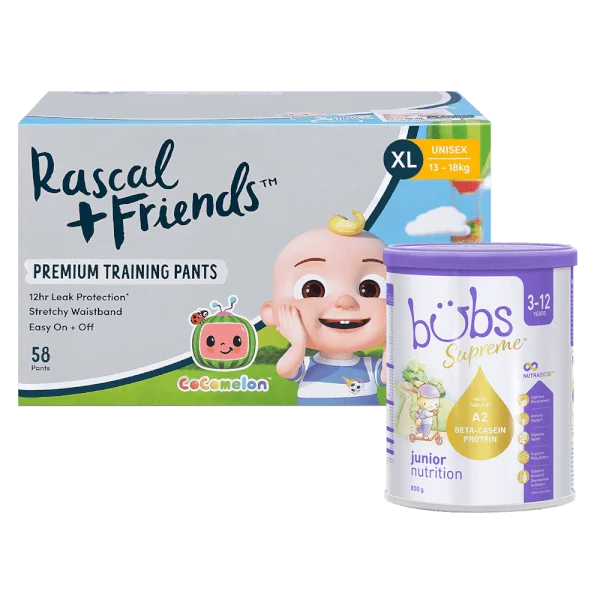 Combo 1 Thùng Tã quần Rascal Friend Cocomelon (XXL, 50 miếng) và 1 THỰC PHẨM BỔ SUNG BUBS SUPREME JUNIOR NUTRITION