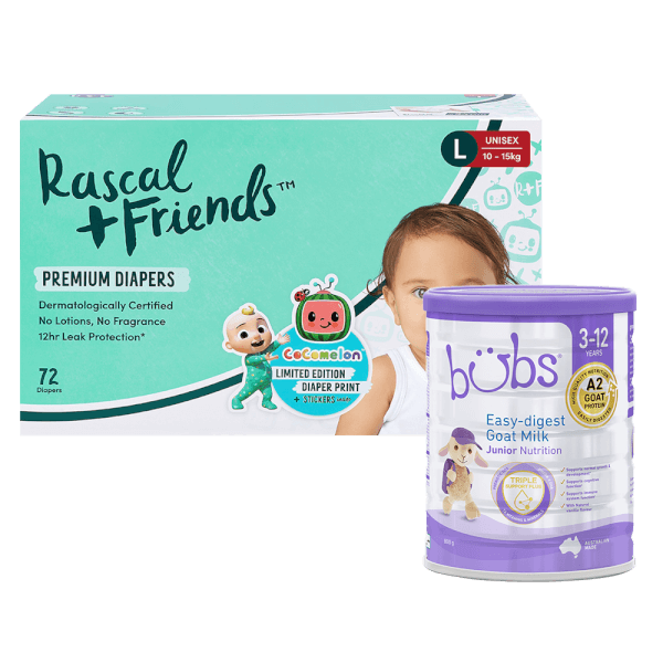 Combo 1 Sữa dê Bubs Goat số 4 Junior 800g (3-12 tuổi) và 1 Thùng Tã dán Rascal Friend Cocomelon (L,10-15kg, 72 miếng)