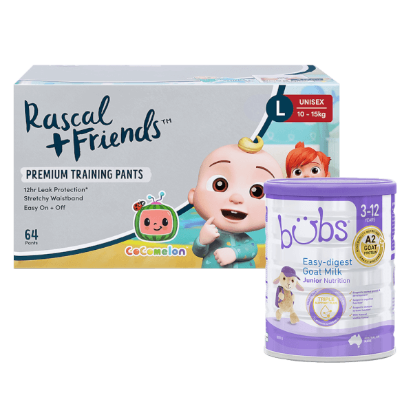 Combo 1 Sữa dê Bubs Goat số 4 Junior 800g (3-12 tuổi) và 1 Thùng Tã quần Rascal Friend Cocomelon (L,10-15kg, 64 miếng)