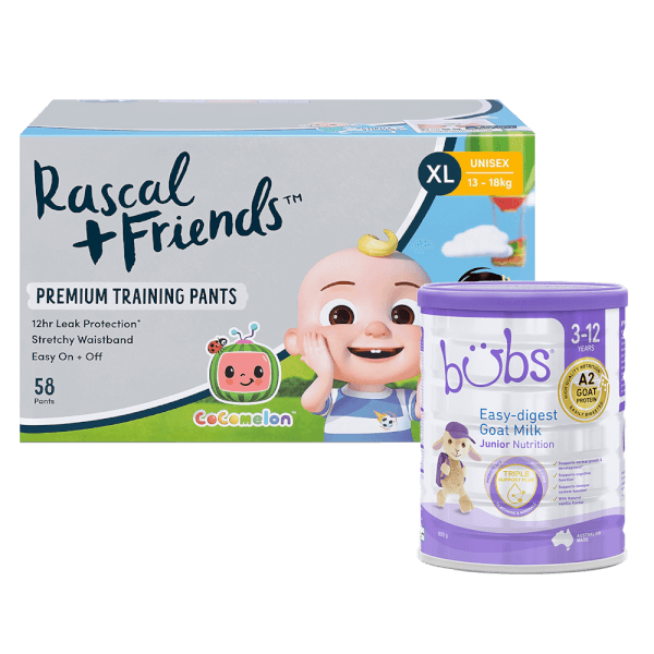 Combo 1 Sữa dê Bubs Goat số 4 Junior 800g (3-12 tuổi) và 1 Thùng Tã quần Rascal Friend Cocomelon (XL,13-18kg, 58 miếng)