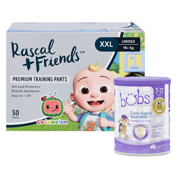 Combo 1 Sữa dê Bubs Goat số 4 Junior 800g (3-12 tuổi) và 1 Thùng Tã quần Rascal Friend Cocomelon (XXL, 50 miếng)