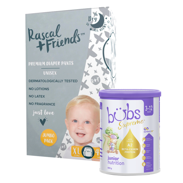 Combo 1 Tã quần Rascal Friends (XL, 13-18kg, 46 miếng) và 1 THỰC PHẨM BỔ SUNG BUBS SUPREME JUNIOR NUTRITION