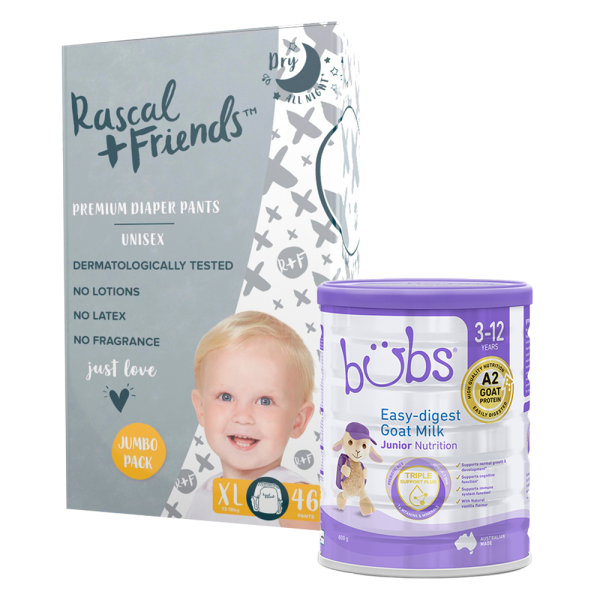 Combo 1 Tã quần Rascal Friends (XL, 13-18kg, 46 miếng) và 1 Sữa dê Bubs Goat 800g số 4 Junior