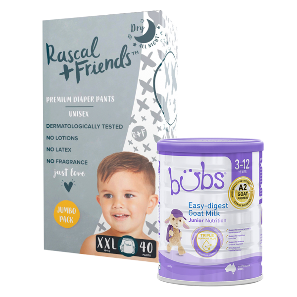 Combo 1 Tã quần Rascal Friends (XXL, 16kg, 40 miếng) và 1 Sữa dê Bubs Goat 800g số 4 Junior