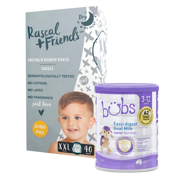 Combo 1 Tã quần Rascal Friends (XXL, 16kg, 40 miếng) và 1  Sữa dê Bubs Goat 800g số 4 Junior