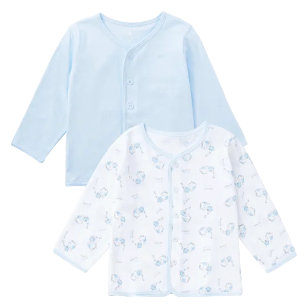 Cặp Áo SS cài giữa tay dài Animo KV223020 (3-6M,Trắng họa tiết-Xanh)