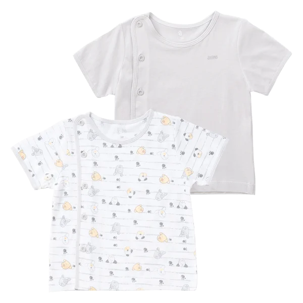 Cặp Áo SS cài chéo tay ngắn Animo KV223014 (9-12M,Trắng họa tiết_Xám)