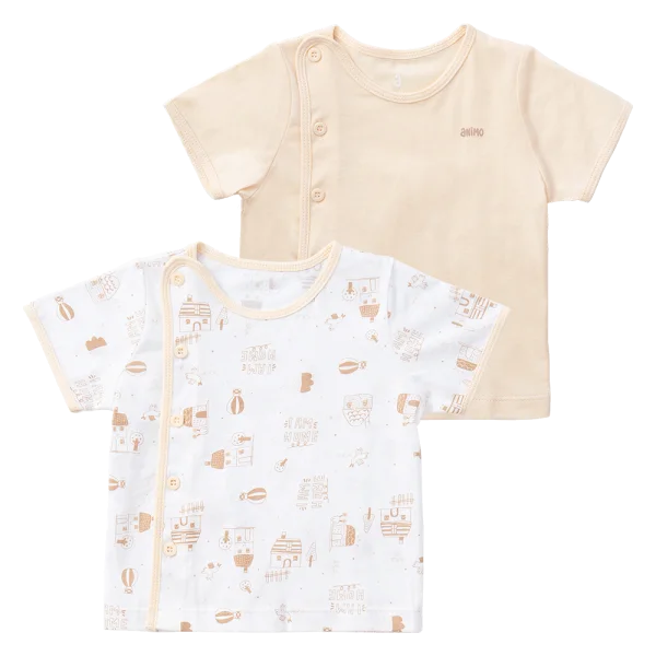 Cặp Áo SS cài chéo tay ngắn Animo KV223011 (9-12M,Trắng họa tiết-Kem)