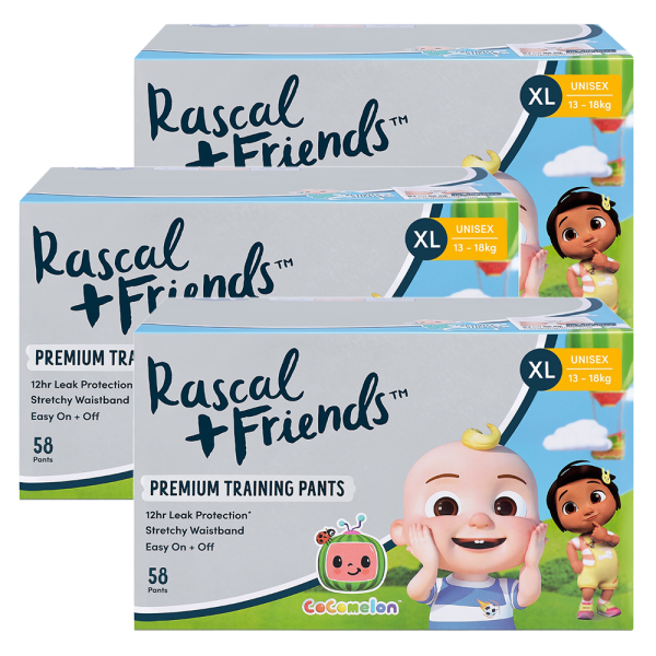 Combo 3 Thùng Tã quần Rascal + Friends Cocomelon (XL,13-18kg, 58 miếng) kèm sticker ngẫu nhiên
