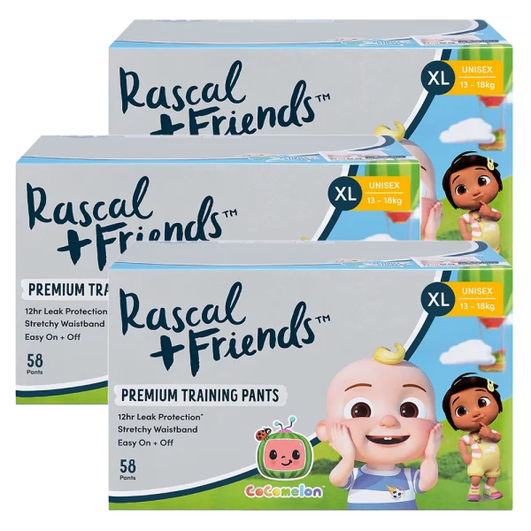Combo 3 Thùng Tã quần Rascal + Friends Cocomelon (XL,13-18kg, 58 miếng) kèm sticker ngẫu nhiên
