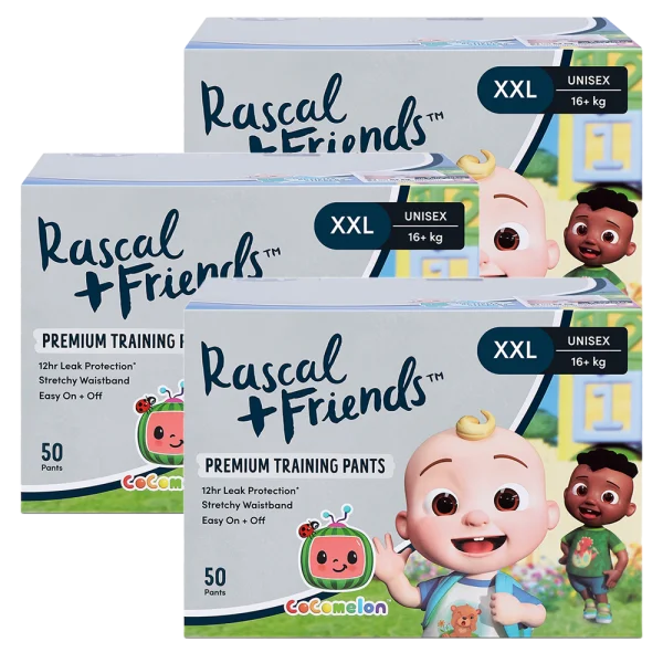 Combo 3 Thùng Tã quần Rascal + Friends Cocomelon (XXL,>16, 50 miếng) kèm sticker ngẫu nhiên
