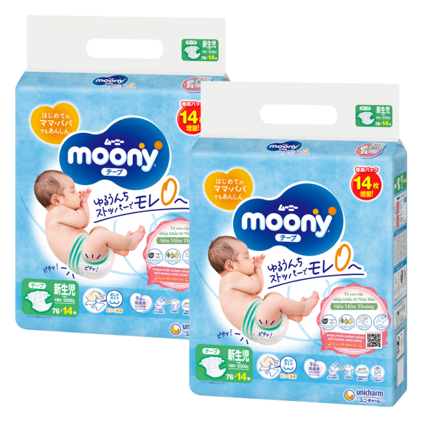 Combo 2 Tã dán sơ sinh Moony (dưới 5kg, 76 miếng   14 miếng)