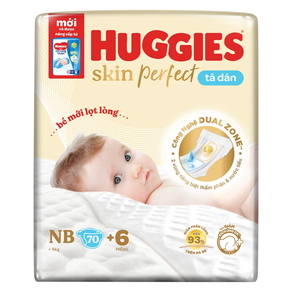 Tã dán lọt lòng Huggies Skin Perfect (Newborn, dưới 5kg, 70 miếng) (giao bao bì ngẫu nhiên)