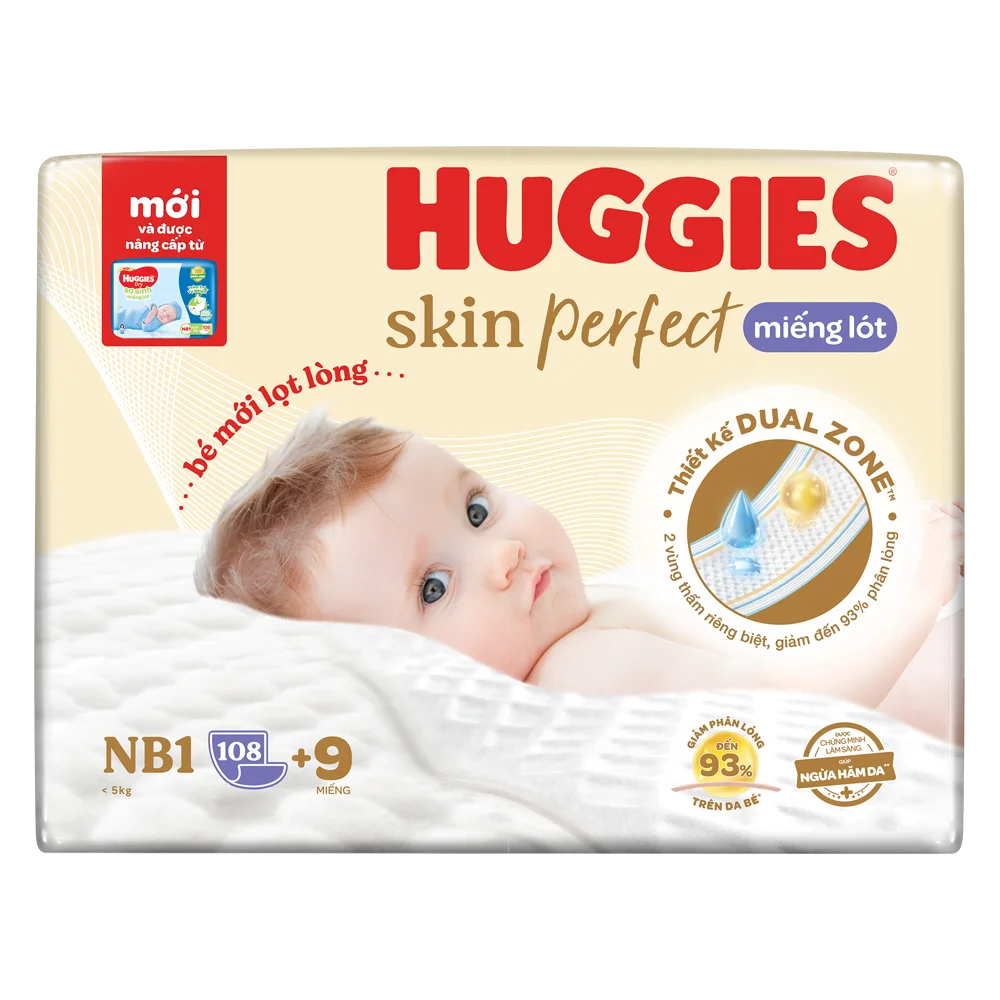 Miếng lót lọt lòng Huggies Skin Perfect (Newborn 1, dưới 5kg, 108 miếng)