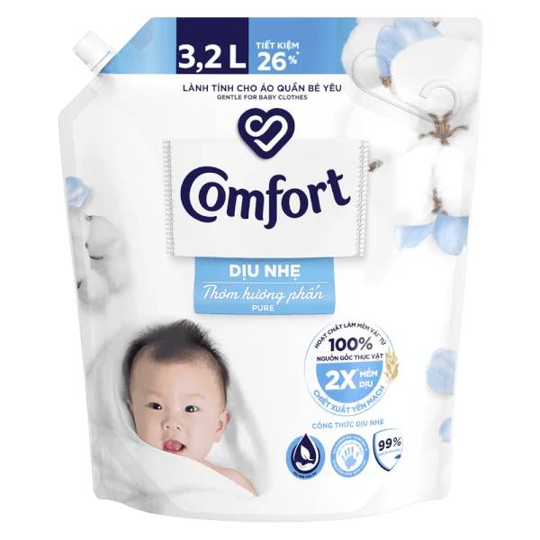 Nước xả làm mềm vải Comfort diu nhẹ thơm hương phấn, Túi 3.2L