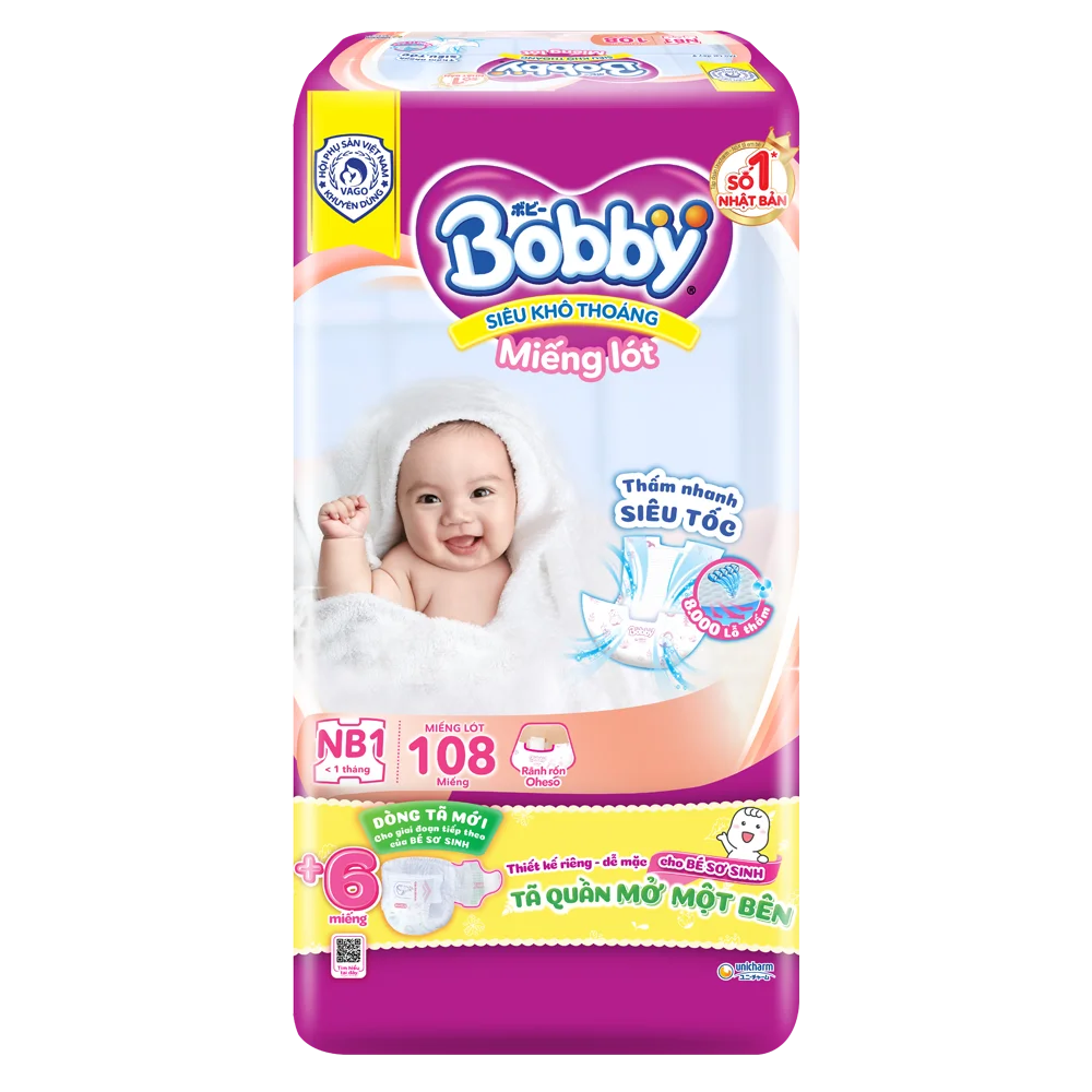 Miếng lót Bobby size Newborn 1 108 miếng (dưới 5kg) (giao bao bì ngẫu nhiên)