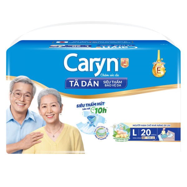 Tã dán giấy Caryn Siêu Thấm size L (hông 68 -122cm) - 20 miếng (giao bao bì ngẫu nhiên)