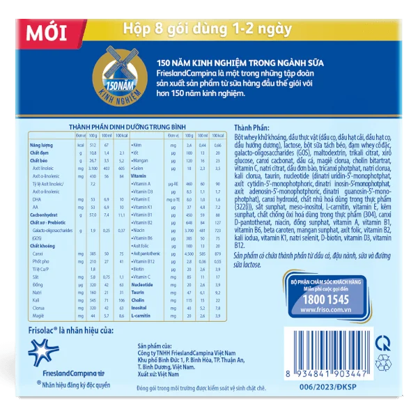 Sữa Frisolac Gold số 1 (0-6 tháng) 8 gói x 13g