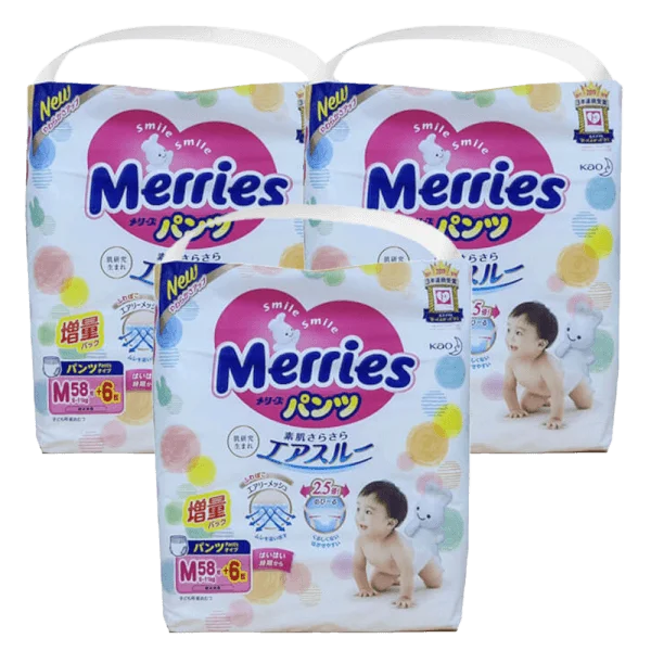 Combo 3 Tã quần Merries nội địa (M, 6-11kg, 58 + 6 miếng)