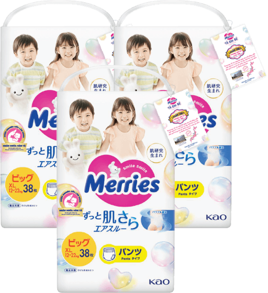 Combo 3 Tã quần Merries (XL, 12-22kg, 38 miếng)