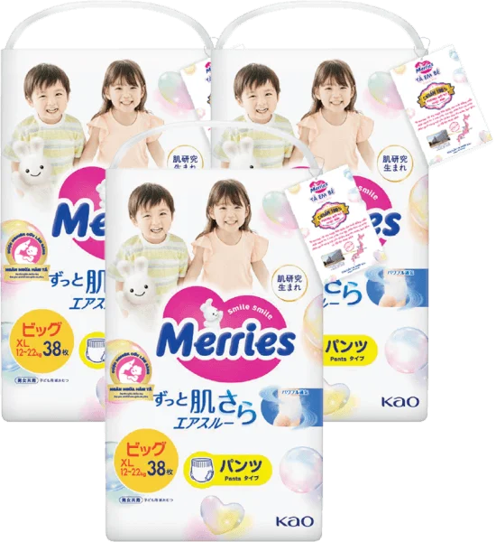 Combo 3 Tã quần Merries (XL, 12-22kg, 38 miếng)