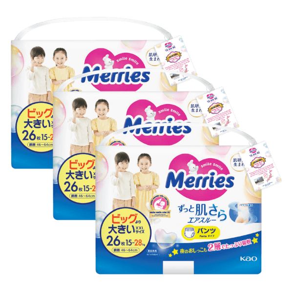 Combo 3 Tã quần Merries (XXL, 15-28kg, 26 miếng)