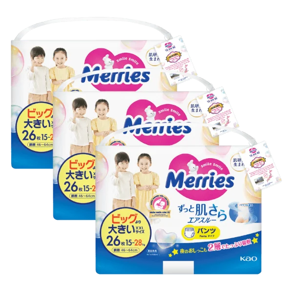 Combo 3 Tã quần Merries (XXL, 15-28kg, 26 miếng)