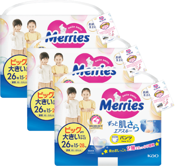Combo 3 Tã quần Merries (XXL, 15-28kg, 26 miếng)