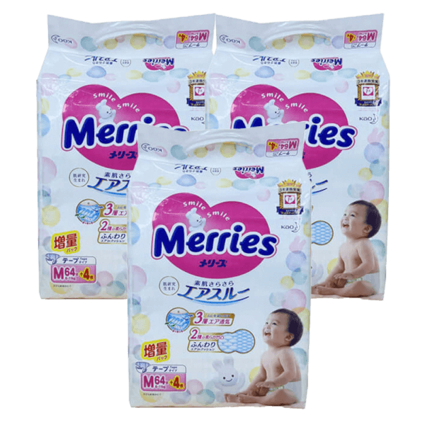 Combo 3 Tã dán Merries nội địa (M, 6-11kg, 64 + 4 miếng)