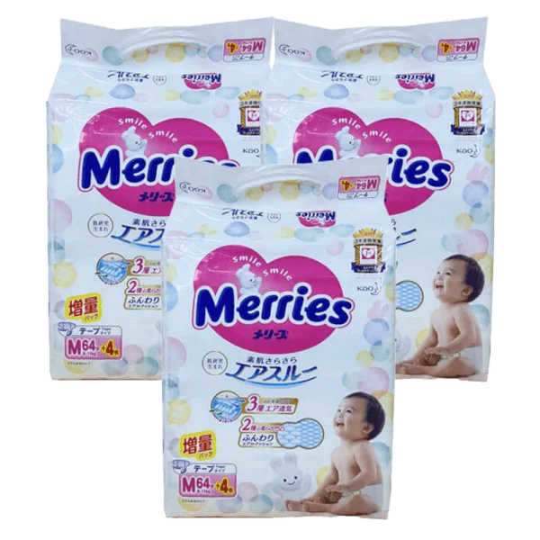 Combo 3 Tã dán Merries nội địa (M, 6-11kg, 64 + 4 miếng)