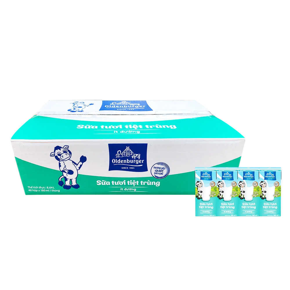 Thùng Sữa tươi tiệt trùng Oldenburger ít đường 180ml (lốc 4 hộp)