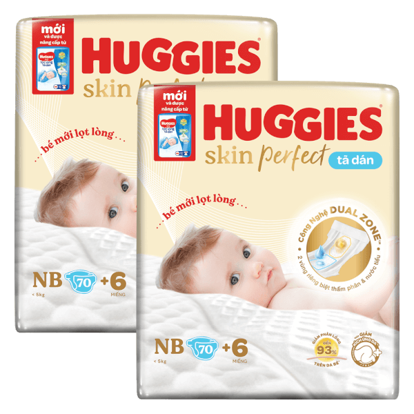 Combo 2 Tã dán lọt lòng Huggies Skin Perfect (Newborn, dưới 5kg, 70 miếng)