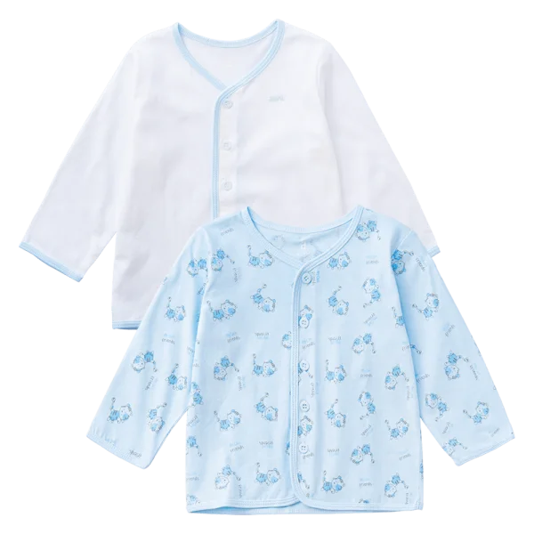 Cặp Áo SS cài giữa tay dài Animo KV223019 (3-6M,Xanh họa tiết-Trắng)