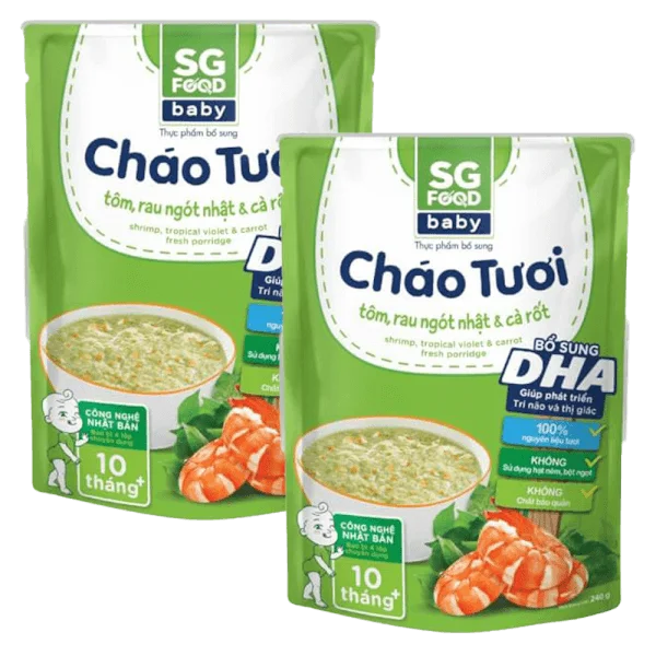 Combo 2 Cháo tươi Baby Tôm Rau Ngót Nhật Cà Rốt, SG Food, 7 tháng, 240g