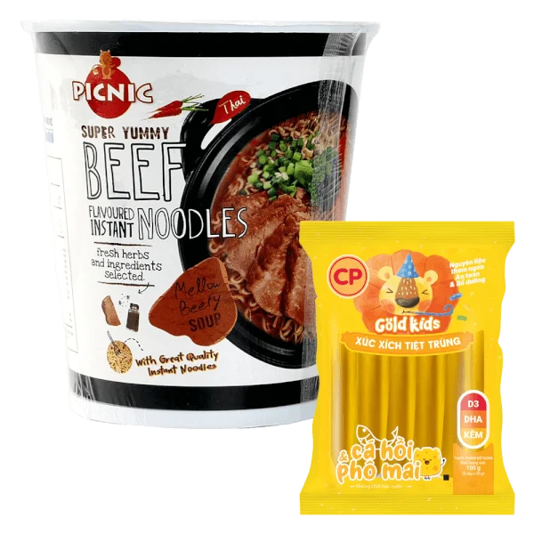 Combo 1 Mỳ ly Picnic vị bò và 1 Xúc xích Cá hồi