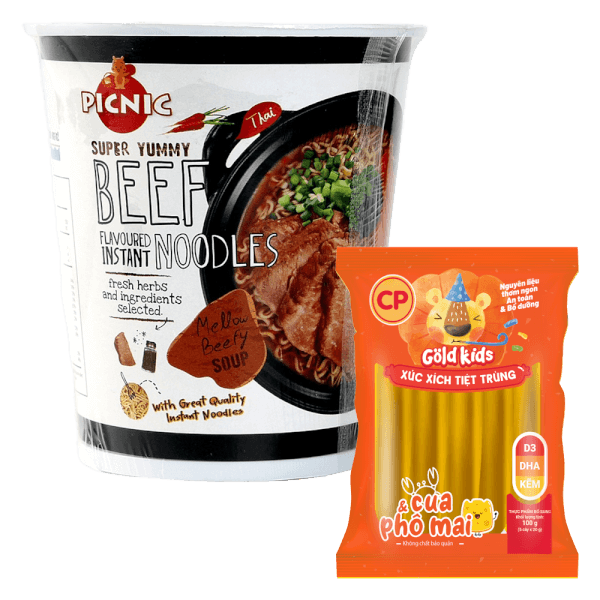 Combo 1 Mỳ ly Picnic vị bò và 1 Xúc xích Cua