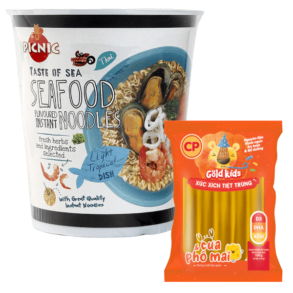 Combo 1 Mỳ ly Picnic vị hải sản và 1 Xúc xích Cua