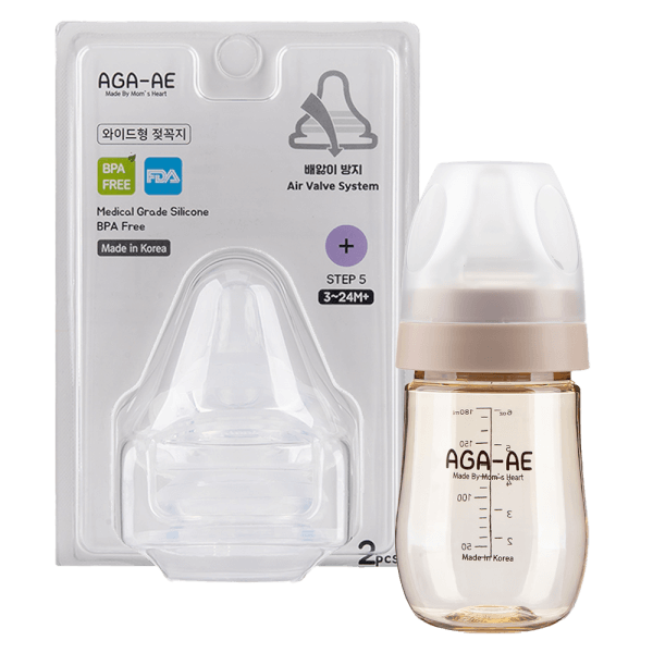 Combo 1 Set 2 núm ty silicone Aga-ae siêu mềm size + (bé 3-24 tháng) và 1 Bình sữa PPSU Aga-ae 180ml (Beige)