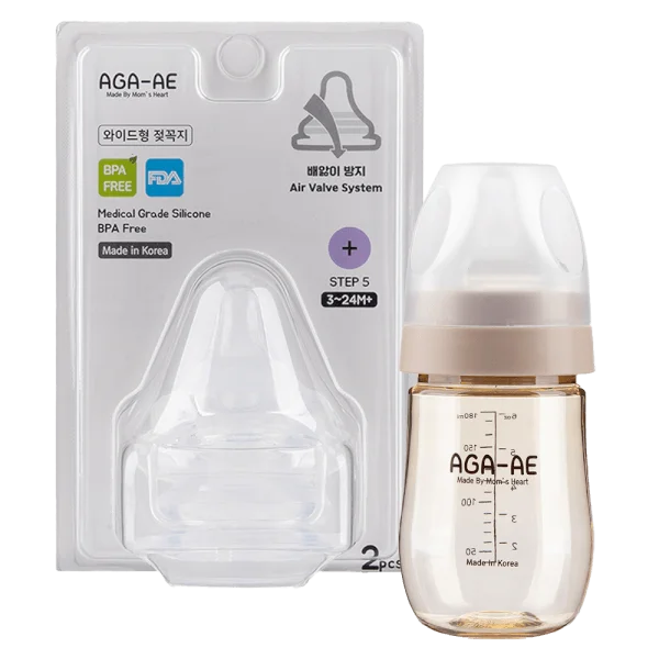 Combo 1 Set 2 núm ty silicone Aga-ae siêu mềm size + (bé 3-24 tháng) và 1 Bình sữa PPSU Aga-ae 180ml (Beige)