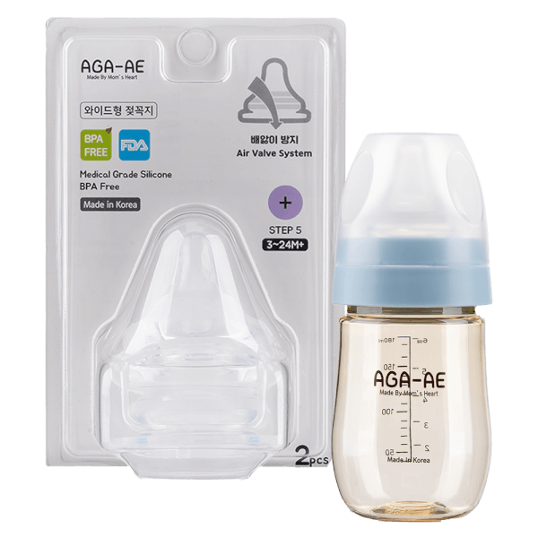 Combo 1 Set 2 núm ty silicone Aga-ae siêu mềm size + (bé 3-24 tháng) và 1 Bình sữa PPSU Aga-ae 180ml (xanh)