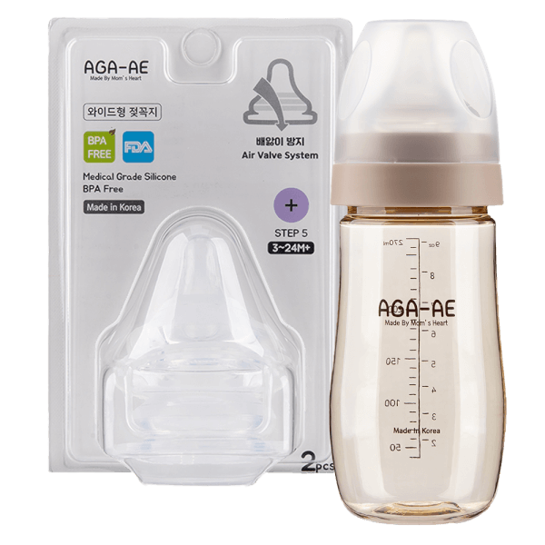 Combo 1 Set 2 núm ty silicone Aga-ae siêu mềm size + (bé 3-24 tháng) và 1 Bình sữa PPSU Aga-ae 270ml (Beige)