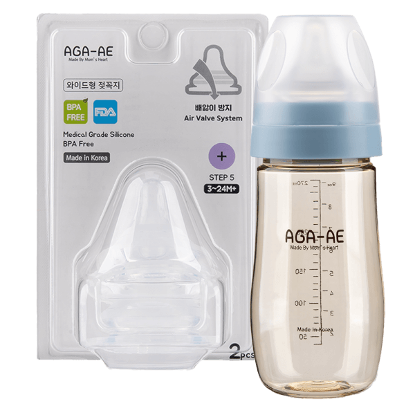 Combo 1 Set 2 núm ty silicone Aga-ae siêu mềm size + (bé 3-24 tháng) và 1 Bình sữa PPSU Aga-ae 270ml (xanh)