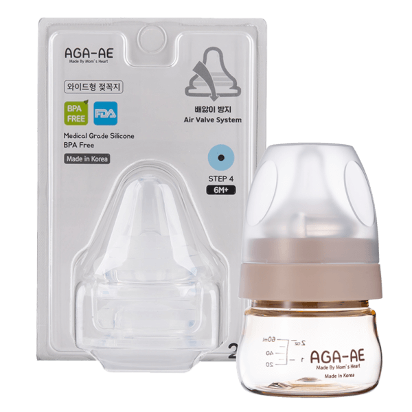 Combo 1 Set 2 núm ty silicone Aga-ae siêu mềm size L  và 1 Bình sữa PPSU Aga-ae (Be) 60ml